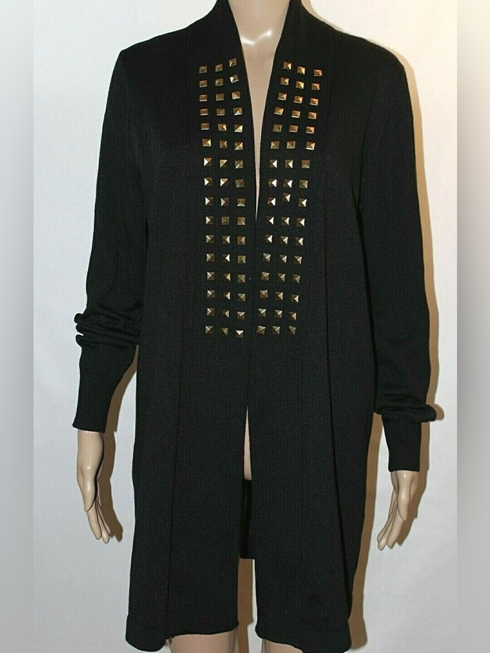 Esperanza Black Knit Long Cardigan Sweater Gold Studded Open Front (S5)